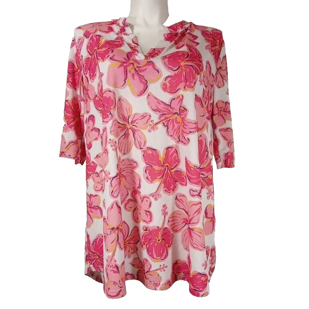 Simply Southern Top XL White Pink Hibiscus Lilly Blouse Hi Low Hemline Stretch